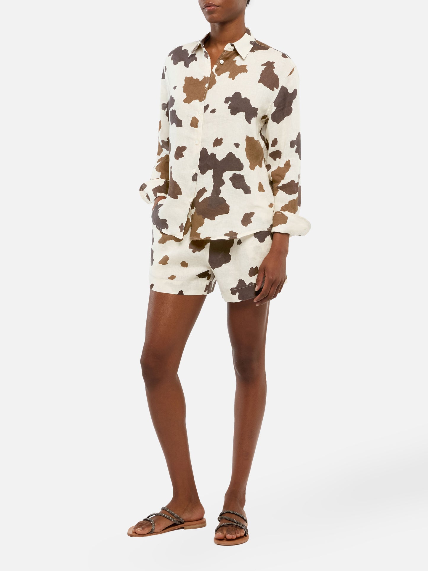 Meave shorts pull up in lino con stampa cow skin