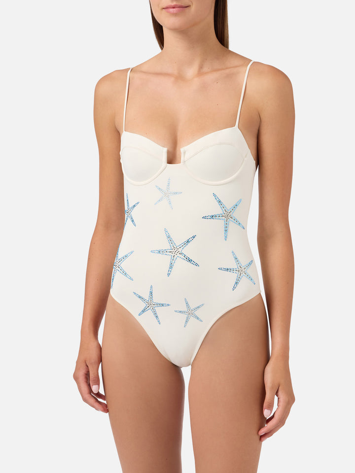 Bañador de una pieza Medea color marfil con bordado de estrella de mar 