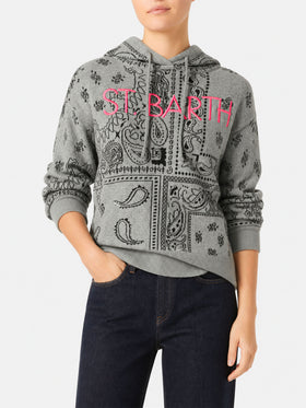 Grauer Meg Cropped-Hoodie aus Cashmere-Mix mit Bandanaprint 