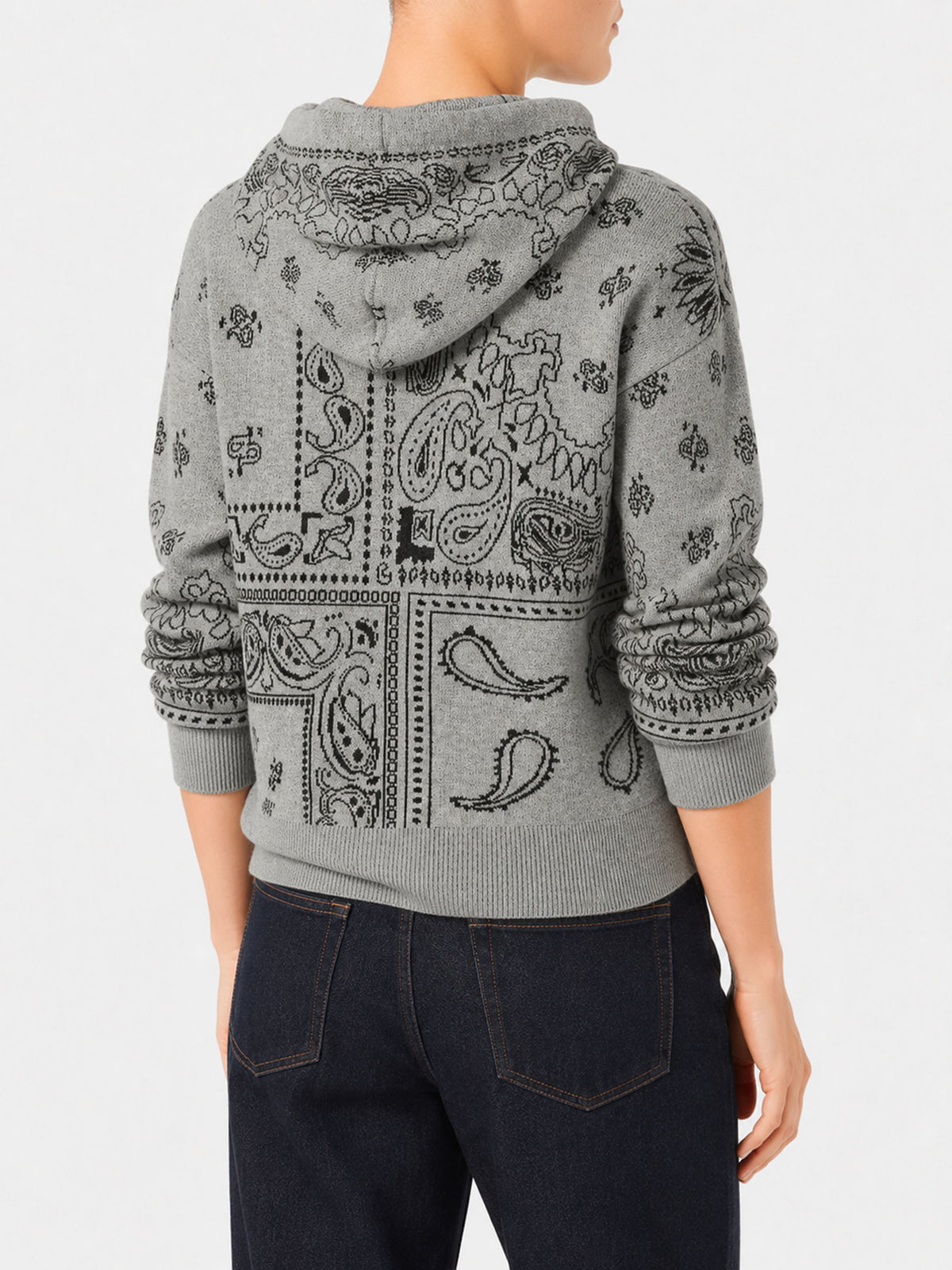 Grauer Meg Cropped-Hoodie aus Cashmere-Mix mit Bandanaprint 