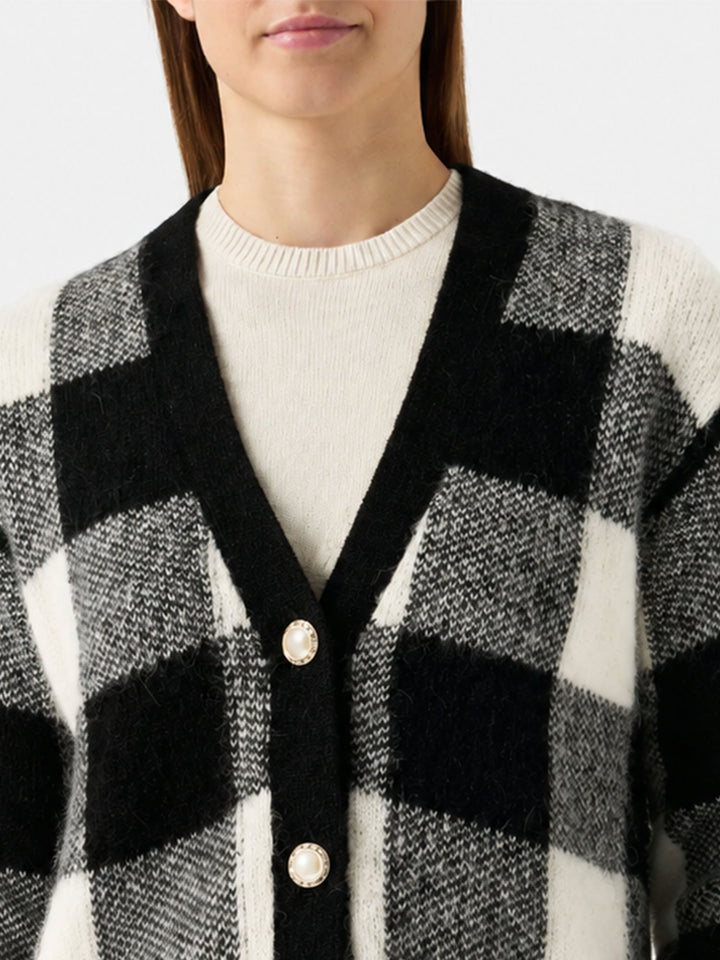 Megeve black and white vichy short cardigan with jewel buttons