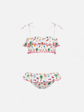 Melie smocked point embroidery bikini with ruffle