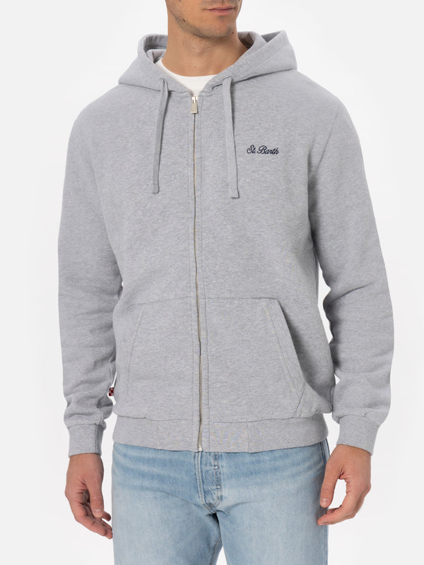 Man grey zipped and hooded sweatshirt with St. Barth embroidery