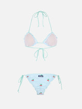 Woman seersucker classic triangle bikini Sagittarius Miami with patches