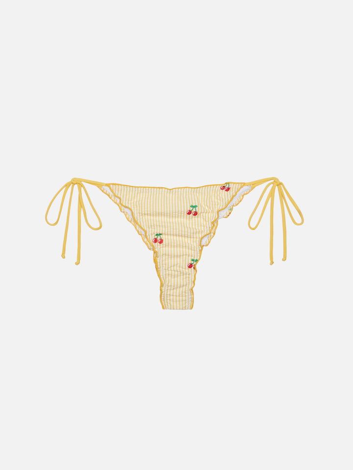 Miami seersucker cheeky swim briefs with striped print and cherry embroidery
