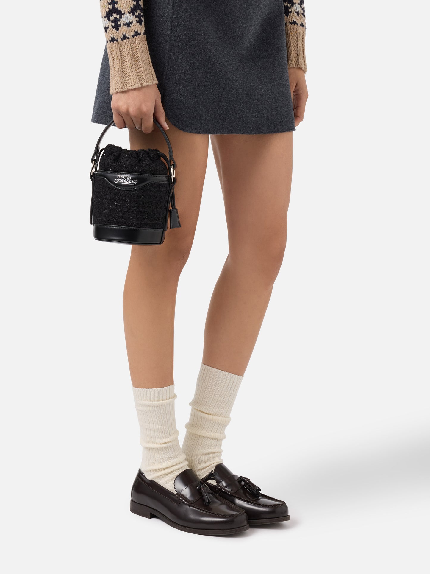 Mila Tweed Bucket Bag in black tweed wool blend