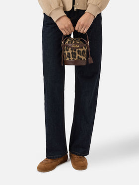 Borsa a secchiello Mila Tweed in misto lana tweed leopardato