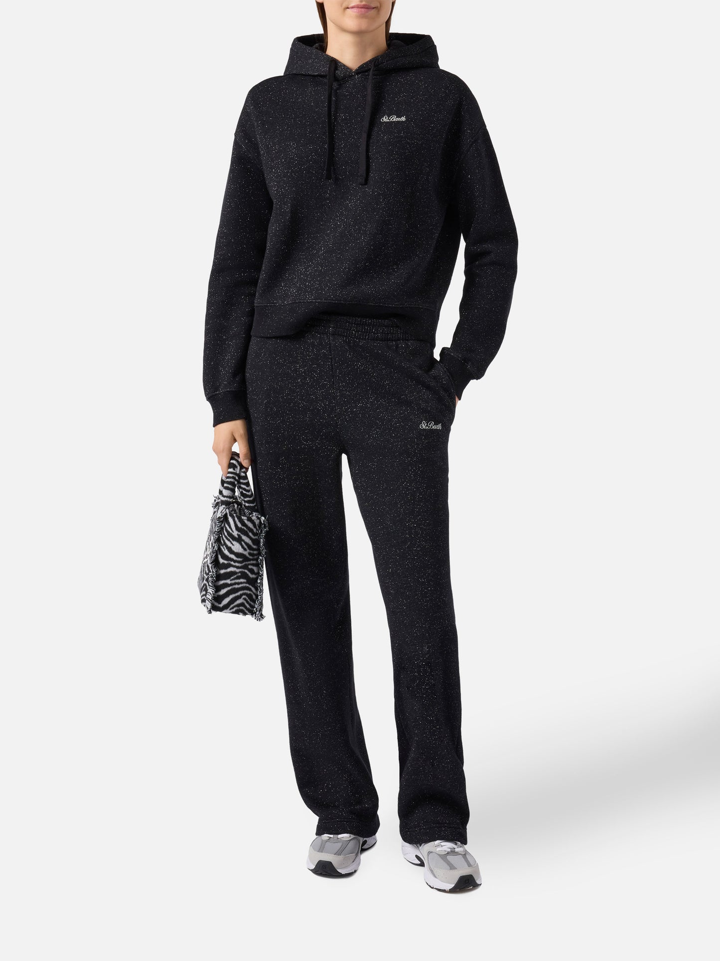 Felpa Mindy in misto cotone e lurex nero con cappuccio 