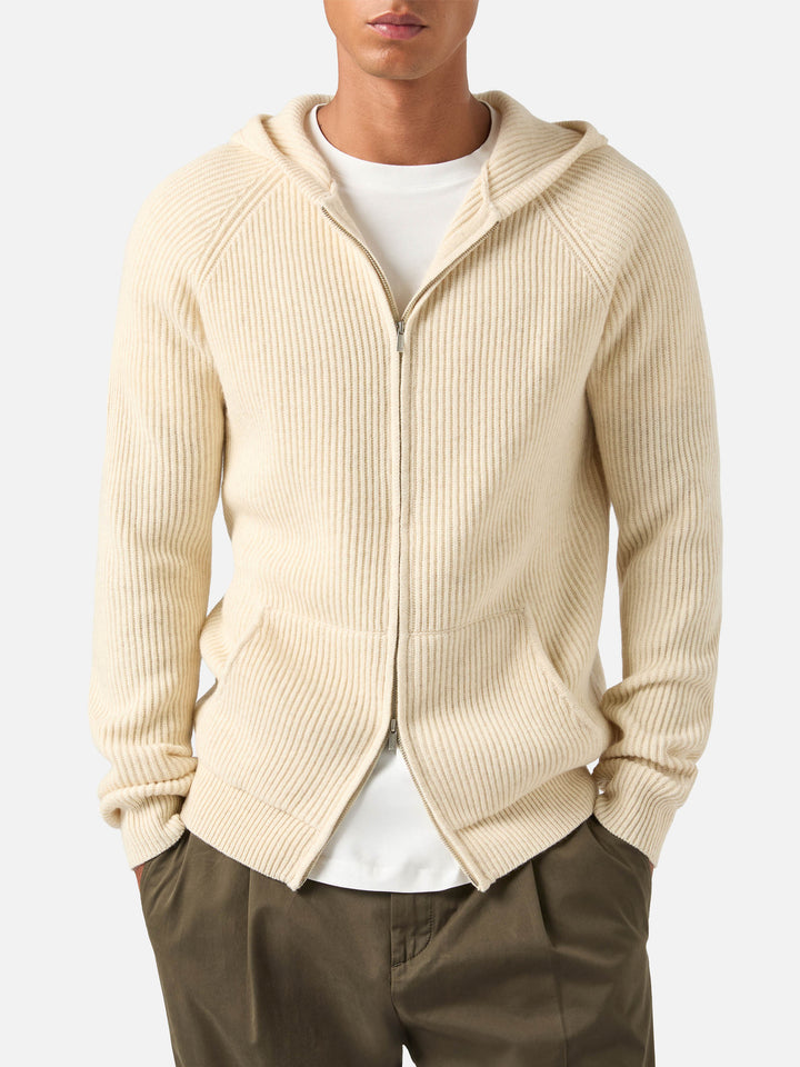 Maglia Malcolm grano in lana con cappuccio e zip intera