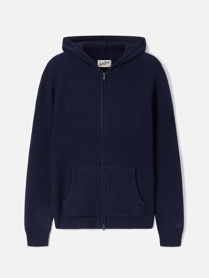 Maille à capuche en laine Malcolm Navy blue avec zip intégral 