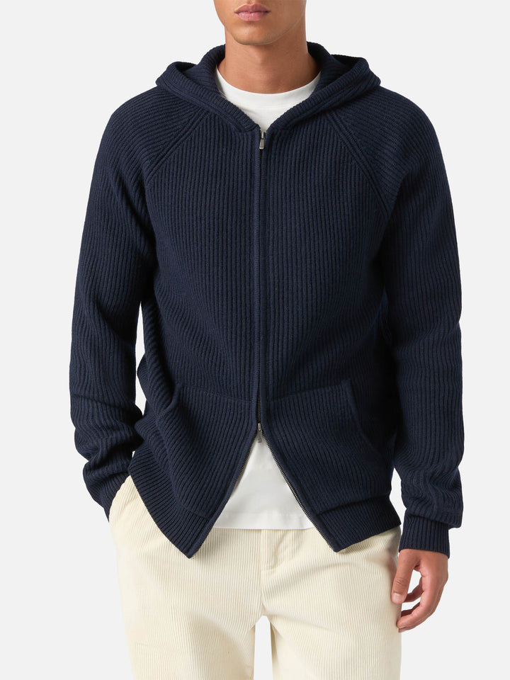Maglia Malcolm blu notte in lana con cappuccio e zip intera
