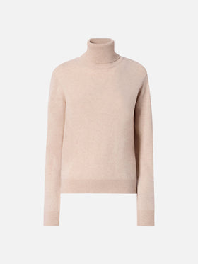 Moody turtleneck sweater in cashmere in beige melange with St. Barth embroidery