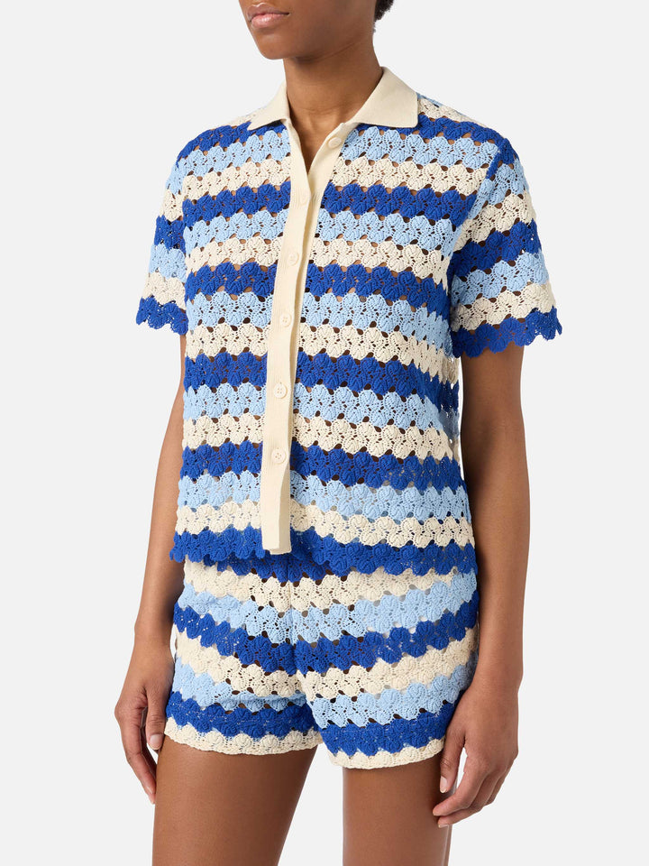 Monet crochet-effect cotton knit polo with striped pattern