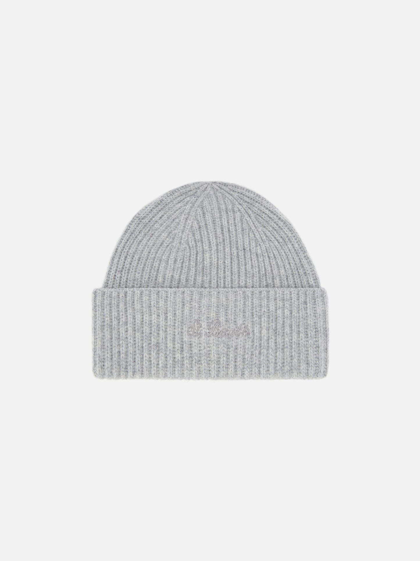Berretto Moss in maglia grigio melange a coste con ricamo St. Barth