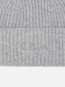 Berretto Moss in maglia grigio melange a coste con ricamo St. Barth