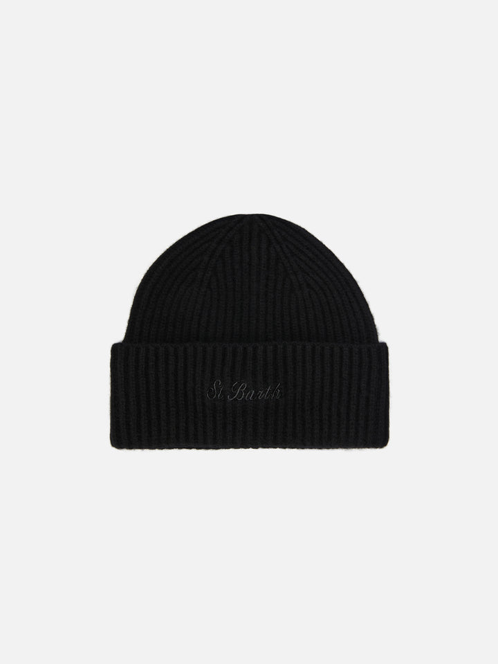 Berretto Moss in maglia nera a coste con ricamo St. Barth