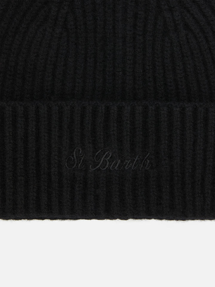 Berretto Moss in maglia nera a coste con ricamo St. Barth