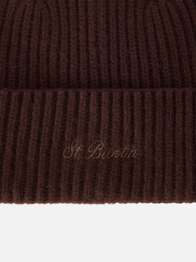 Brown Moss wool beanie with logo embroidery