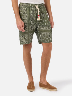 Bermuda Marseille in lino stampa bandana verde militare