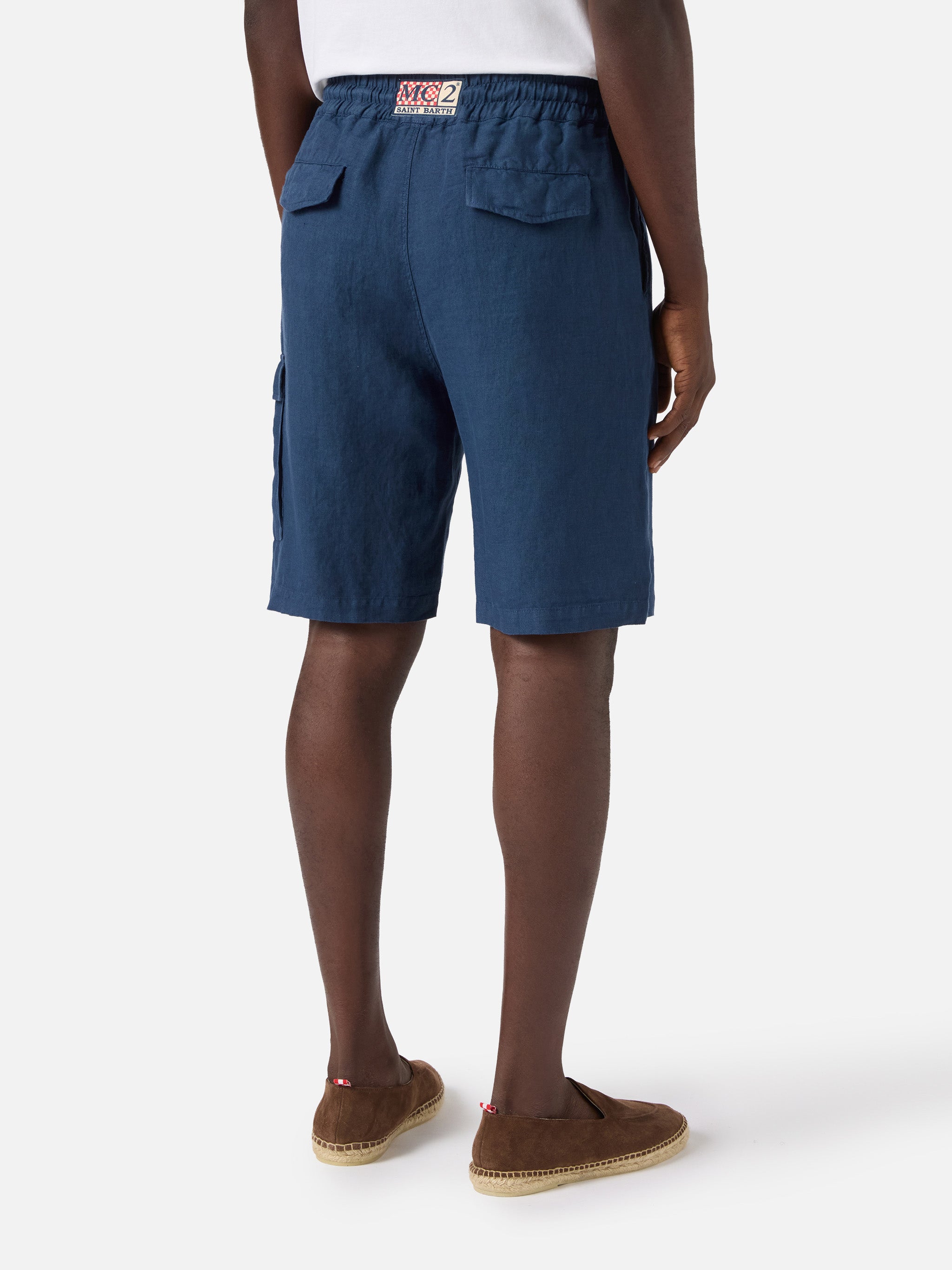 Men's Linen Bermuda Shorts in Navy Blue, Elasticated Waistband