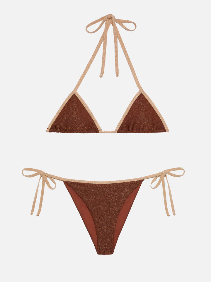 Marielle Vrown klassischer Lurex-Badeslip mit goldener Paspelierung - Leah braunes Lurex-Triangel-Top mit goldener Paspelierung