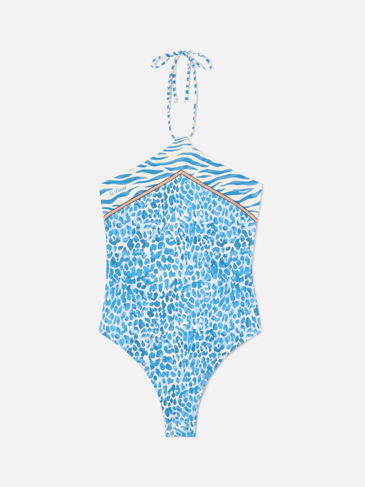 Meryem one-piece swimsuit with light blue leopard animal print