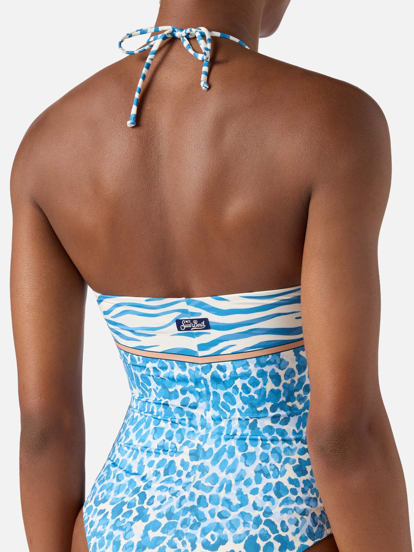 Maillot de bain une pièce Meryem à imprimé animalier léopard bleu clair 