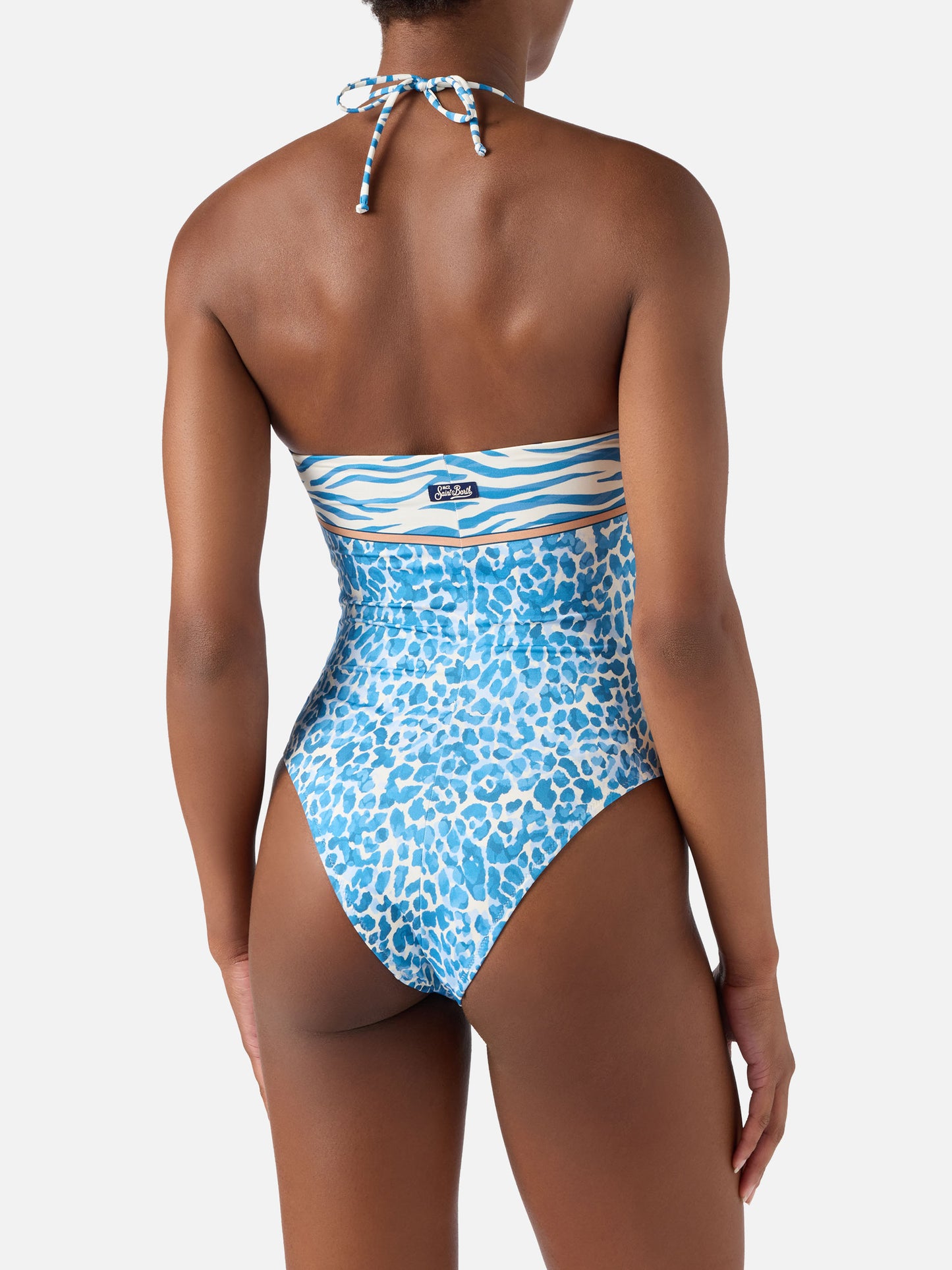 Maillot de bain une pièce Meryem à imprimé animalier léopard bleu clair 
