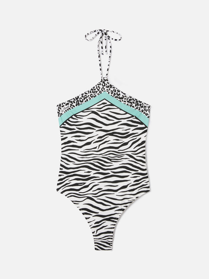 Meryem one-piece swimsuit with black zebra animal print