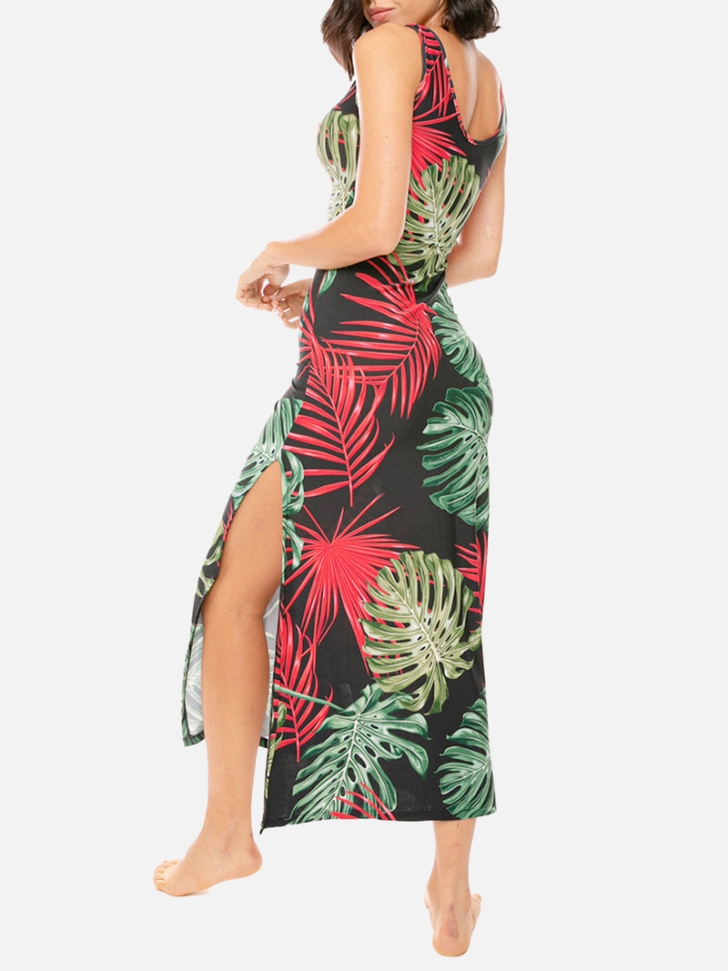 Long tank dress vintage leaves print