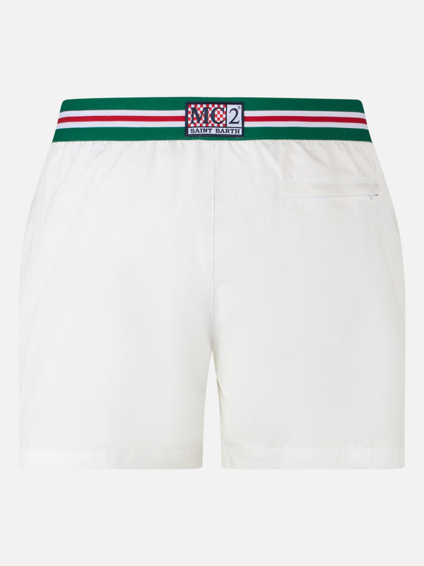 Man white fitted cut swim shorts Nad with tape finish | AUSTRALIAN BRAND SPECIAL EDITION