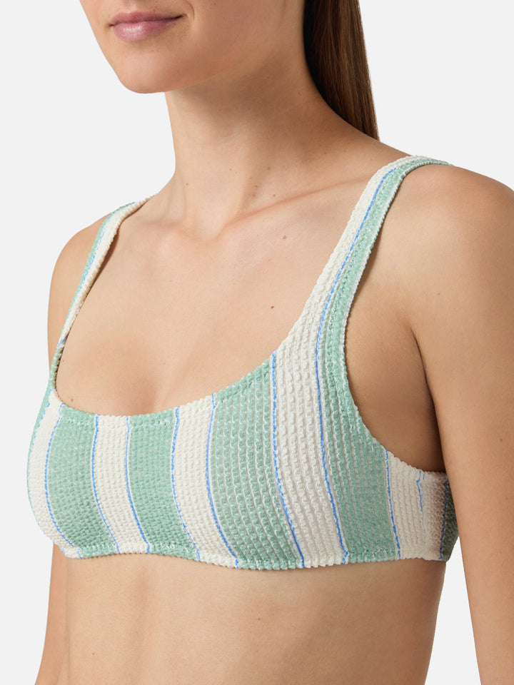 Naima Bikini-Bralette-Top aus grün gestreiftem Crinkle-Stoff 