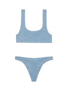 Naomi, Avioblauer Lurex Crinkle Cheeky Badeslip - Naima, Avioblauer Lurex Crinkle Classic Bralette Top