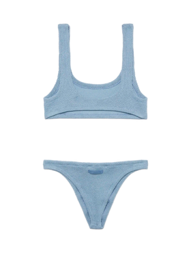 Naomi, Avioblauer Lurex Crinkle Cheeky Badeslip - Naima, Avioblauer Lurex Crinkle Classic Bralette Top