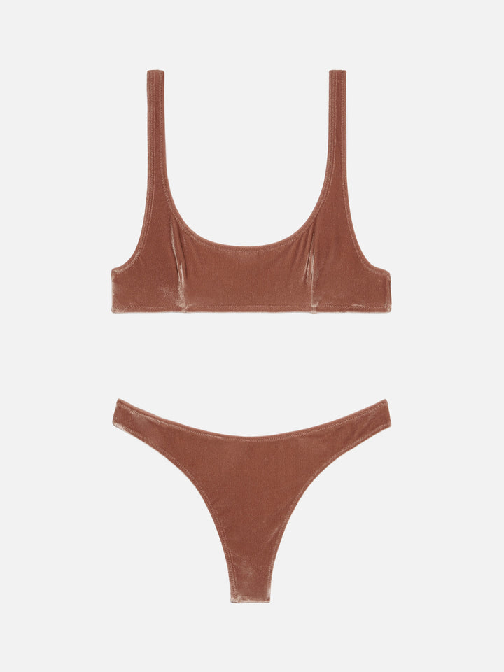 Naima top a bralette classico in velluto marrone cammello - Naomi slip mare cheeky in velluto marrone cammello