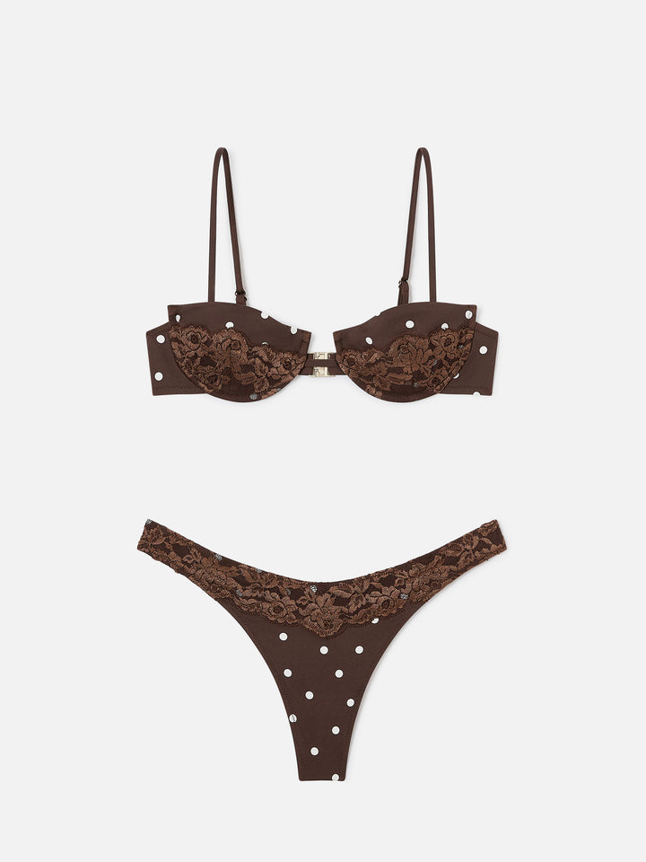 Bikini a triangolo Nalina marrone con stampa pois e dettagli in pizzo