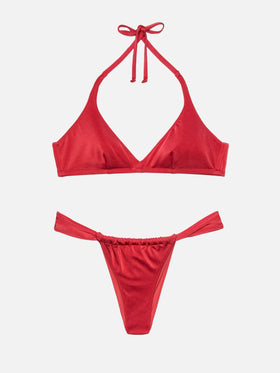 Noelle, schimmernde, ziegelrote, freche Badehose – Gaia, schimmerndes, ziegelrotes Triangel-Bralette-Oberteil