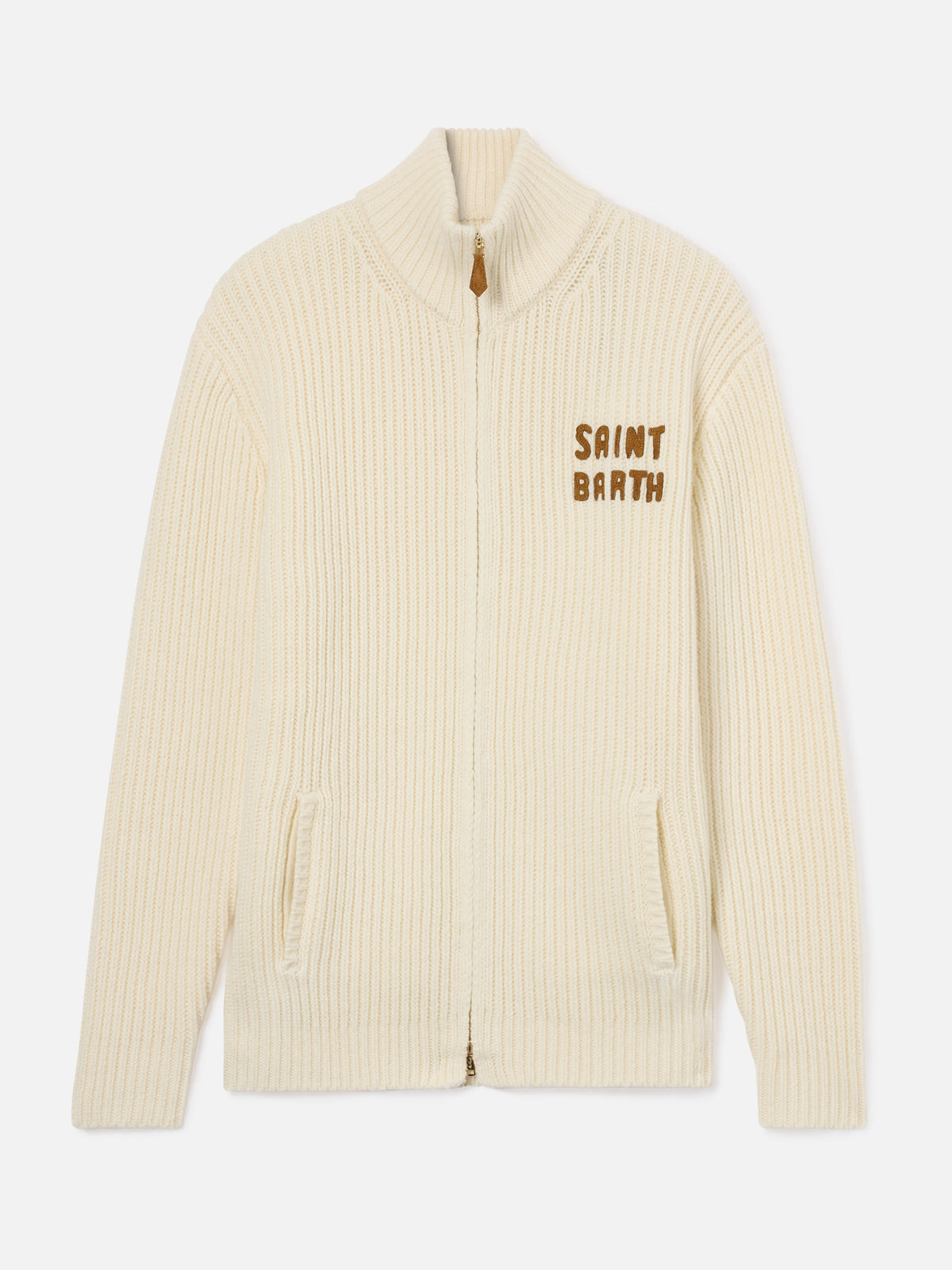 Maglia Noire off white in misto lana con zip intera e ricamo logo