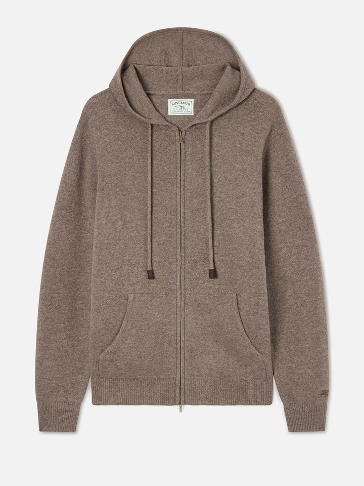 Maille à capuche Beige Notting en laine d'agneau avec fermeture zippée intégrale 