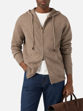 Maille à capuche Beige Notting en laine d'agneau avec fermeture zippée intégrale 