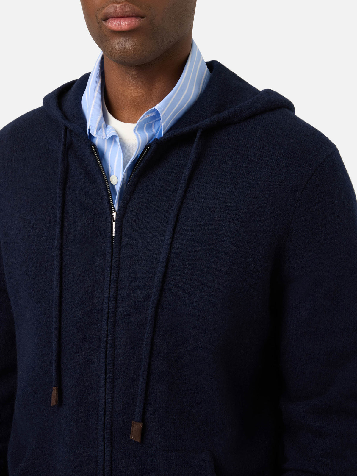 Maglia in lana d’agnello Notting blu navy con cappuccio e zip intera