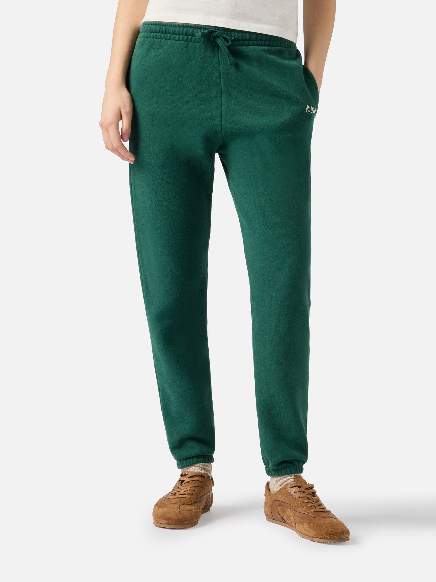Pantaloni da jogging in pile di cotone verde inglese da donna Odalys