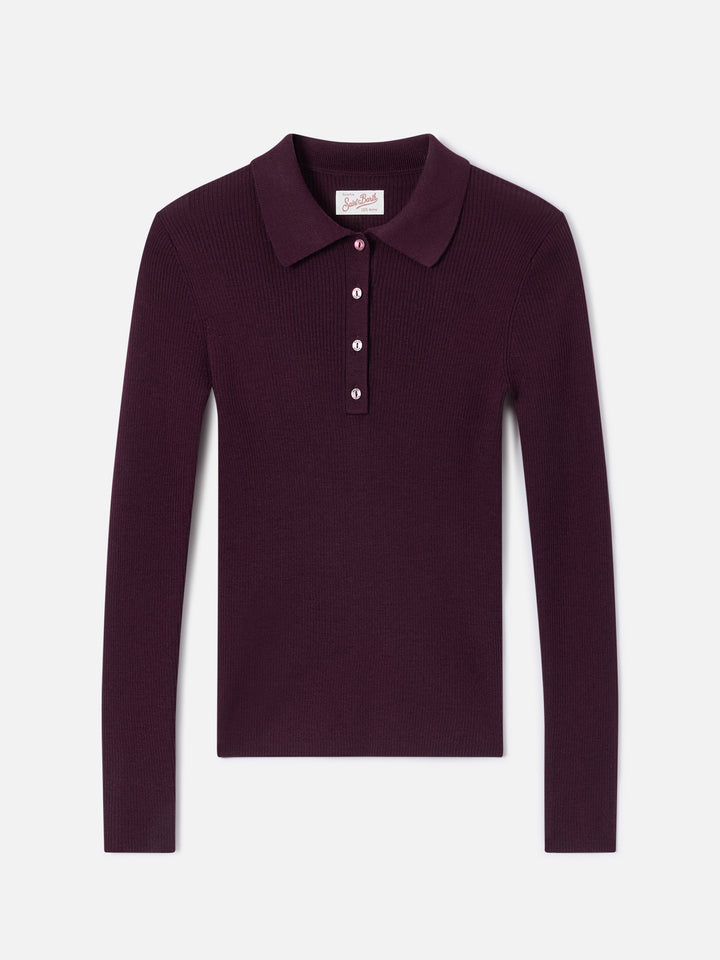 Maglia Odell melanzana in lana merino con collo polo