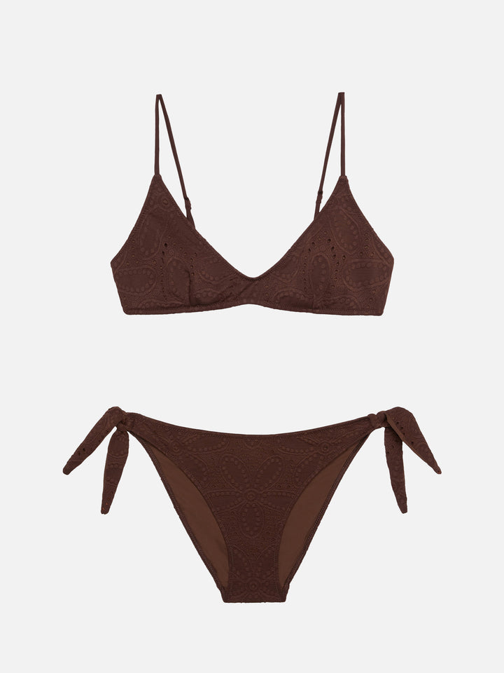 Bikini bralette Paloma Yali à décolleté plongeant en dentelle sangallo marron 