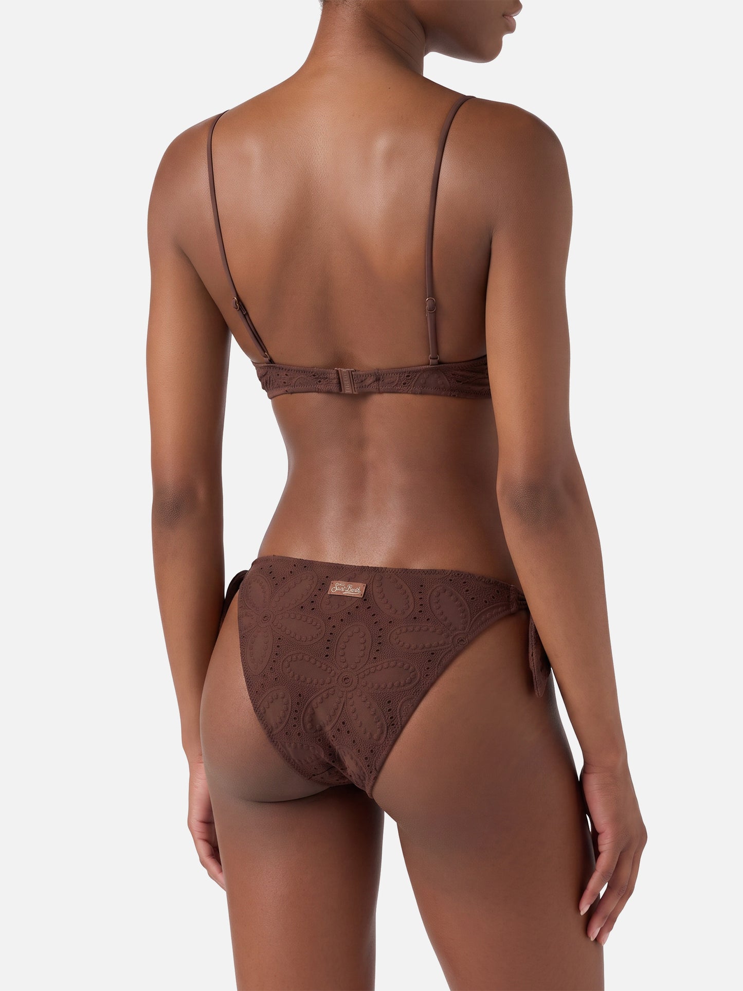 Paloma Yali plunging bralette bikini in brown sangallo lace