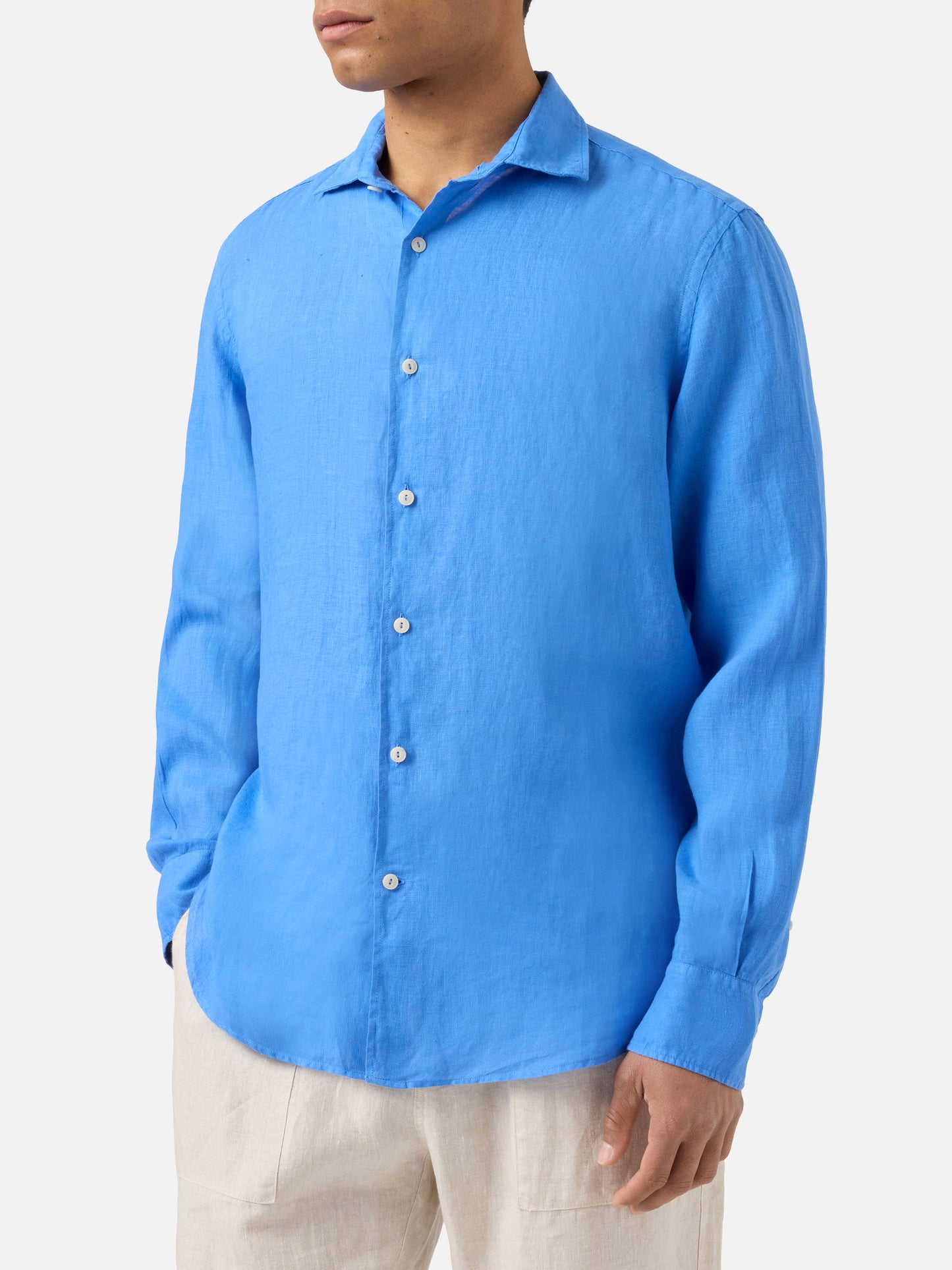 Camicia Pamplona in lino blu tinta unita