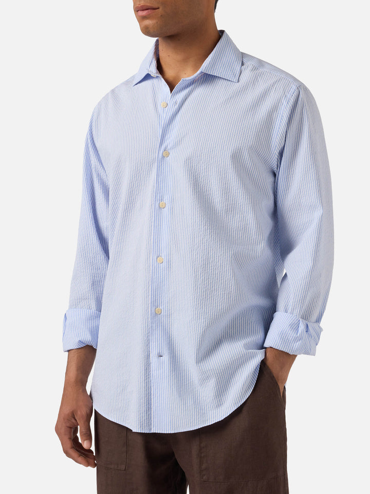 Camicia Pamplona in seersucker a righe azzurre