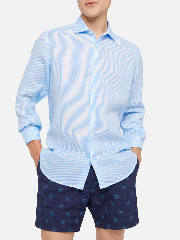 Camicia Pamplona in lino a righe azzurre