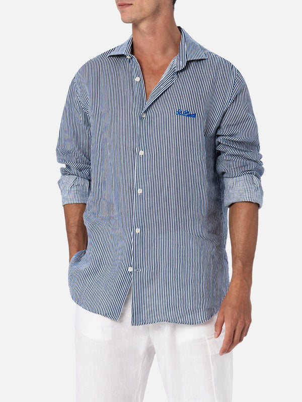 Man navy blue striped linen shirt Pamplona