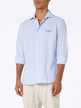 Man seersucker cotton shirt Pamplona with light blue stripes